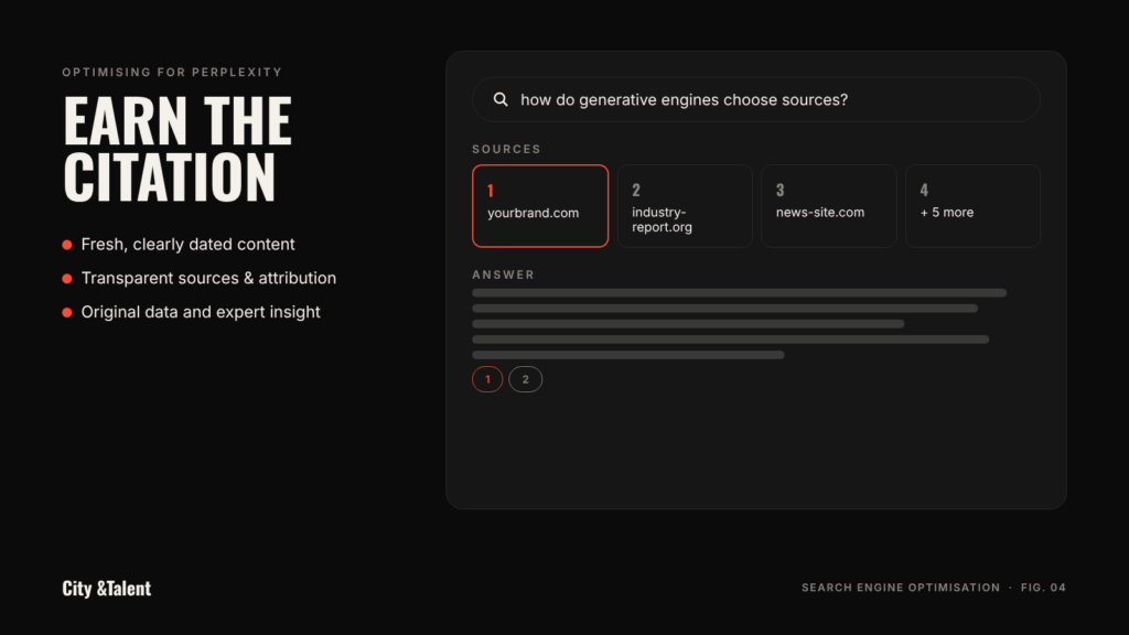 An AI answer engine result showing numbered sources with your website cited first